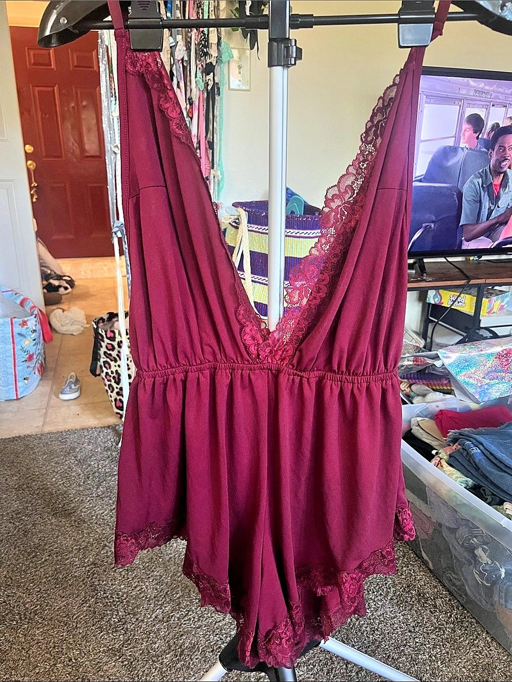 Burgundy Lace Trim Romper Size XL
